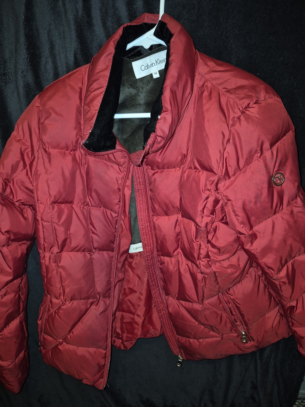 Calvin Klein Women’s Red Quilted Puffer Jacket with Stand Collar